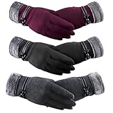 KASURE 3 Paar Handschuhe Damen, Winterhandschuhe Damen, Touchscreen Handschuhe, Gepolsterte und Verdickte Warme Handschuhe für Frauen (Schwarz+Rot+Grau)
