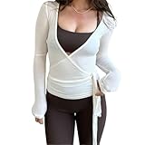 Geagodelia Damen Wickeloberteil Wickelshirt für Ballett Yoga Pilates Elegante Langarmshirt Longsleeve Binden Vorne Oberteil Wrap Top Wickeltop Langarm Bluse Sommer Outfit (A - Weiß, S)