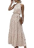 EFOFEI Damen Gepunktes Langes Kleid Boho Fließendes Swing Kleid Freizeit Stilvolles Partykleid Punkt Beige XS