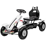 HOMCOM Kunststoff- und Metall-Pedal-Go-Kart für Kinder von 5-12 Jahren mit verstellbarem Sitz, Handbremse und Rückwärtsgang, 121x58x61 cm, Schwarz und Weiß