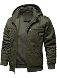 HOOD CREW Winterjacken für Herren Warme Fleecejacke Baumwolle Mantel mit Kapuze Übergangsjacke Militär Cargojacke mit Taschen Armeegrün M