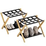 HITNET Gepäckablage 2er set, faltbarer Kofferständer für Gästezimmer, Bambus-Gepäckträger mit Stoffablage und Nylongurten für Hotels und Schlafzimmer, Natur