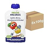 FRECHE FREUNDE Bio Quetschie Apfel, Birne, Blaubeere & Dinkel, Fruchtmus mit Getreide im Quetschbeutel für Babys ab dem 6. Monat, vegan, 6er Pack (6 x 100 g)