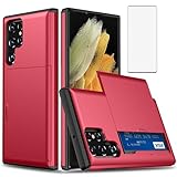 Asuwish Handyhülle für Samsung Galaxy S24 Ultra 5G mit gehärtetem Glas Displayschutzfolie Cover und Zubehör Kartenhalter Slot Cell Slim Gummi Silikon S24Ultra 24S S 24 24Ultra Damen Herren Rot