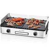 KLAMER Elektrogrill, antihaftbeschichtete und abnehmbare Duo-Platten, separate Temperatureinstellung, 5 Grillstufen, mit Wind-/ Spritzschutz & Auffangschale