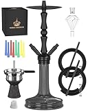 NOBLE HOOKAH 77cm Shisha Set 2 Schläuche aus Aluminiumrohr mit 2 Anschlüssen und komplettem Shisha Zubehör - Shisha Kopf, schöne Glasvase, Melassefänger, 2 Schläuche und Griff (Schwarz)