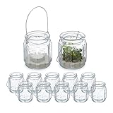 Relaxdays Windlicht, 12er Set, Glas, mit Henkel, innen & außen, Deko Teelichthalter, HxD: 9 x 8,5 cm, transparent/Silber