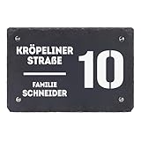 LAUBLUST Türschild Schiefer Personalisiert - Horizontales Format | Haustürschild mit Familienname, Adresse und Hausnummer - 3 Größen, Wetterfest | 4 Edelstahl Wandhalter