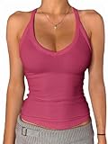 Danysu Tank Top Damen Mit Integrierter BH Sexy V-Ausschnitt Spaghetti Top Ärmellos Sommer Gerippt Tanktops Sport Oberteile Basic Shirt Camisole Einfarbig Berry Pink, Mittel