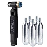 GEWAGE CO2 Pumpe Fahrrad - Kompakte CO2 Kartusche Fahrradpumpe mit 2 Reifenhebern und 5x16g CO2 Kapseln, kompatibel mit 12g/16g/25g, für Presta & Schrader Ventile (Schwarz)