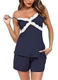 Wikoan Damen Schlafanzug Ärmellos Zweiteiliger Pyjama Sexy Spitze V-Ausschnitt Shorty Pyjama Kurz Sommer Schlafanzüge für Damen Marineblau S