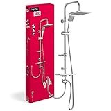 aquaSu® Basic Duschsystem 914 | Ø 7,5 cm Handbrause mit Regenstrahl | Ø 20 x 20 cm Kopfbrause | Anti-Kalk | Wassersparend | 95 cm Duschstange | Metall-Brauseschläuche Typ 1/2 ' | Chrom | 72791 4