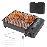 Camping Gasgrill, 2200w Tragbarer Grill Set, Tischgrill mit 6 Bratnadeln,2 Grillnetz und Koffer, Campingkocher mit Piezo-Zündung und Herausnehmbarer Abtropfschale, für Campingausflüge, Zusammenkünfte