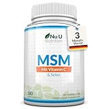 MSM Hochdosiert + Vitamin C & Selen - 180 Vegane Kapseln - 3 Monate Vorrat - Methylsulfonylmethan - Nu U Nutrition