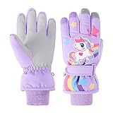 Kinder Winter Skihandschuhe Wasserdicht Snowboard Handschuhe Anti-Rutsch Plüsch Gefüttert Warm Rosa Einhorn Handschuhe für Mädchen Jungen 7-9 Jahre alt