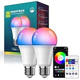 GVOREE Smarte Glühbirne E27,Farbwechsel mit Lampe Musiksynchronisation,16 Millionen Farben,WiFi & Bluetooth Smart Glühbirne Funktioniert mit Alexa & Google Assistant,10W 800LM 2Stück