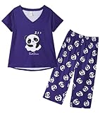 MyFav Damen-Nachtwäsche, weich, rot, weinrot, bedruckt, kurzärmelig, Capri-Set, Blauer Panda, XXL