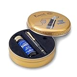 Kaweco PISTON SPORT AL Black/Gold Starter Set I Klassischer Aluminium Kolbenfüllhalter zum Aufziehen von Tinte inkl. 32 ml Tintenglas Königsblau in Retro-Dose 13 cm I Federbreite: B (Breit)