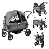 COSTWAY 2 in 1 Geschwisterwagen klappbar, Zwillingskinderwagen mit verstellbarem Griff & abnehmbarem Verdeck, Zwillingsbuggy mit Becherhalter, Tablett, Bollerwagen für 2 Baby ab 6 Monaten (Grau)