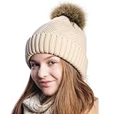 Vyuwast Wintermützen für Damen, Bommelmütze mit Fleecefutter, Warme Dicke Strickmütze Beanie Mütze für Outdoor Skifahren Laufen Wandern Einkaufen