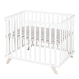 roba Laufgitter 75 x 100 cm - Baby Laufstall inkl. Einlage Lil Planet grau - GOTS und Oeko-Tex 100 zertifiziert - 3-fach höhenverstellbar - Holz weiß