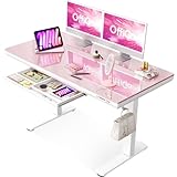 OffiGo Glas Höhenverstellbarer Schreibtisch, 120 x 60 cm Elektrischer Schreibtisch mit Schublade, Ganze Tischplatte mit USB und Type-C, Standing Desk, Steh-Sitz Glastisch für Home Office Büro, Rosa