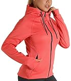 icyzone Damen Sportjacke Laufjacke voll Zip Trainingsjacke mit Kapuze, Fitness Hoodie Langarm Shirt im Winter (L, Korall Rot)