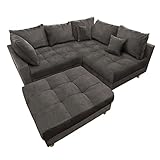 riess-ambiente.de Moderne Wohnlandschaft Kent 220cm grau Samt | Ecksofa Federkern inkl. Hocker und Kissen, Ecksofa mit Schlaffunktion | Sofa in L Form