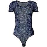 Magi Kurzarm-Damen Body Stringbody mit Rundhals transparenter Tüll-Bodysuit mit Rundhals | Basic-Body mit kurze Ärmeln | schicker Unterzieh-Body für Frauen (Lila punkte, XL)