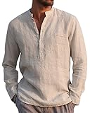 Kvruhuiy Baumwolle Leinenhemd Herren Lang Ärmel Casual Hemd Regular Fit Freizeithemd Shirts Khaki M