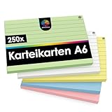 OfficeTree 250x Karteikarten A6 liniert – 5 Farben – Lernkarten für Schule & Studium - Karteikarten A6 Bunt perfekt für Notizen & Organisation – DIN A6 Karteikarten - Flashcards