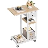 YITAHOME Beistelltisch, C-Form Sofatisch mit Rollen und Schublade，Wohnzimmertisch für Kaffee und Laptop，für Wohnzimmer, Schlafzimmer，50 x 30 x 67cm, Eiche