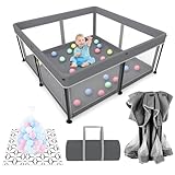 Laufstall Faltbar Baby Playpen with Mat - 127x127CM-Laufgitter, Schneller Aufbau, Sicher & Tragbar für drinnen & draußen (Grau)