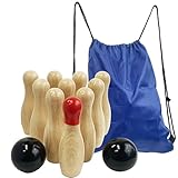 Bowlingspiel aus Holz, Wurfflaschen, Rasen-Spiel für die Familie, Spiel-Set mit Tragetasche (H 15 cm, 10 Stifte + 2 Bälle)