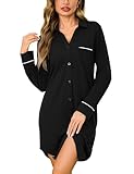 Bresdk Nachthemd Damen Langarm Baumwolle mit Knopfleiste Schlafshirt Stillnachthemd Nachtwäsche Stillen Umstandsmode Geburtskleid Krankenhaus, Schwarz, L