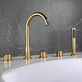 LYFHJD Brausekopfset 5-Loch Wannenarmatur Gold Wannenarmatur mit drehbarem Auslauf Doppelhebel Duscharmatur Wannenaufsatz Gold