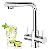 Aktines 4 Wege Küchenarmatur, Doppelhebel Armatur Wasserhahn Küche mit Trinkwasser und Sodawasser Spültischarmatur Spülenarmatur Küche für Wasserfilter und Sprudler Edelstahl, verchromt poliert