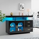 NIUAWASA LED-Sideboard-Buffetschrank, 120 cm Großer Kaffeebarschrank Schubladenschrank Hochglanz-Küchenschrank mit 16-Farben-Lichtern für das Esszimmer (Schwarz)