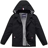 DAFENP Kinder Regenjacke Softshelljacke Wasserdicht Winddicht Regenmantel Leichte Atmungsaktiv Übergangsjacke mit Kapuze für Jungen Mädchen YY565-Black-130