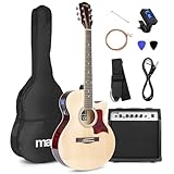 MAX ShowKit Elektro Akustik Gitarre Set mit Verstärker 40 Watt, Gitarrentasche, Gitarrenstimmgerät, Instrumentenkabel, Plektrum und E Akustikgitarre mit Tonabnehmer, Natur Holz
