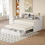 EINHOM Schlafsofa 90 x 200 cm, Kinderbett mit Aufbewahrungsfächern, Ausziehbett mit Zwei Schubladen, integrierte USB-Anschlüsse im Bett, für Jugendliche & Gästebett, weiß (Ohne Matratze)