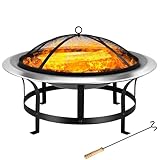 Gardebruk® Feuerschale mit Funkenschutz Ø75cm Schürhaken Edelstahl Schale Schwarz Modern Terrasse Garten Feuerstelle Feuerkorb Kamin Ofen Holz Grill