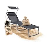 BigDean Sonnenliege klappbar mit Kopfkissen & Dach extra hoch dunkelgrau 150 kg belastbar - hochwertige Gartenliege für Balkon, Garten & Strand