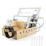 YOJA Ladestation für mehrere Geräte, Bambus, YOJA 5-Port-USB-Multi-Ladestation, Holz für Handy, Tablet, Uhr, Kopfhörer, Uhrenpods, USB-Ladegerät mit 5 kurzen Kabeln, Bambus-Design