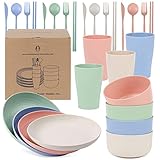 Czemo Camping Geschirr Set 4 Personen Geschirrsets aus Kunststoff Camping Geschirr Set Picknickgeschirr, Plastikgeschirr mit Tellerset, Schüssel, Becher, Besteck Set