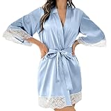 Bademantel Damen Leicht Morgenmantel Damen Leicht Kurz Spitze, Bathrobe Elegante Schlafanzug Einfarbig Nachtkleid Kimono Bademäntel Satin Badekittel Mit Gürtel Hausanzug Bequeme Sleepwear