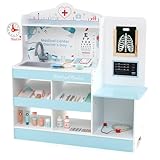 DREAMADE Krankenhaus Spielset, Arztkoffer Kinder aus Holz mit 24 Zubehörteilen, Stethoskop, Blutdruckmessgerät & Spüle, Arzt Rollenspielzeug für Kinder ab 3 Jahren (Blau)