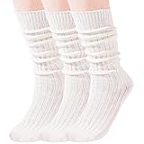 Moon Wood 3 Paar Damen Kniestrümpfe Winter Wollstrümpfe Warme Dicke Stulpen Beinwärmer Wandersocken Thermo Slouch Socken Größe 36-42 Unifarben Weiß