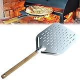 Asfrode 12 Zoll Pizzaschieber Perforiert, 40 * 30 * 2 cm Pizzaheber aus Hart Eloxiertes Aluminium Perforiert Pizzaschaufel Brotschieber mit Verbrühungshemmend Griff für hausgemachte Pizza Brot Kuchen