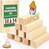 10er Pack Schnitzholz Linde - 10er Pack Holzblock + Schnitzvorlage weiches Lindenholz zum Schnitzen für Kinder, Schnitzrohlinge zur Verwendung mit Schnitzmesser
